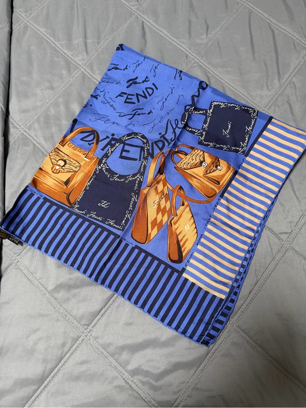 Fendi Blue Striped Silk Scarf with Tan Logo Tag - Picture 4 of 7